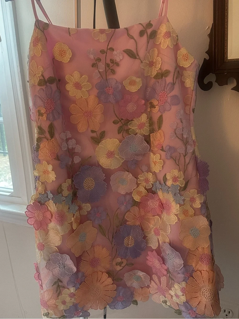 Aqua Pastel Floral Embroidered Mini Dress - Pink, Blue, Yellow